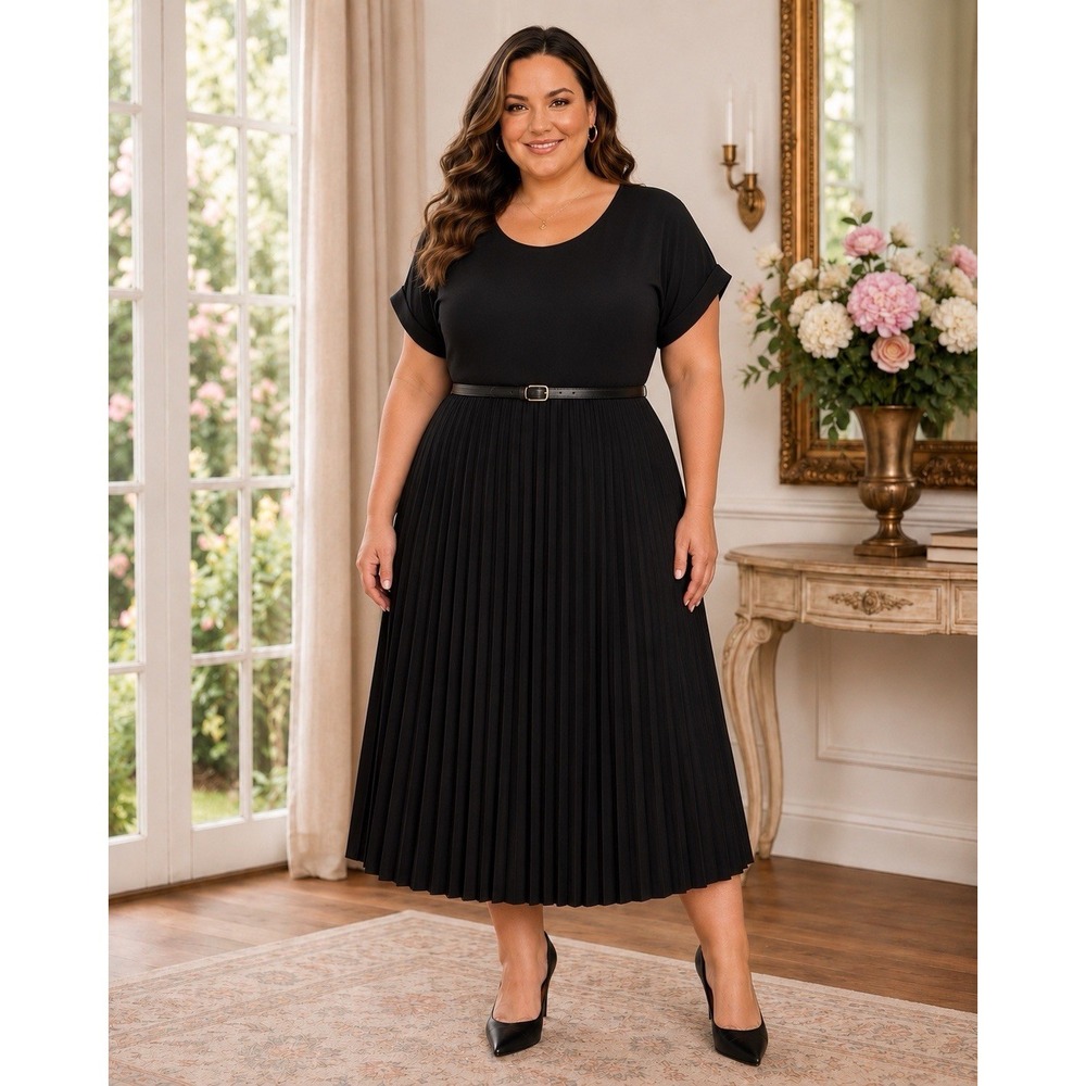 Elizabeth & Nicole Dress Black Belted And Pleated 2XL Midi 50s Retro I Love Lucy